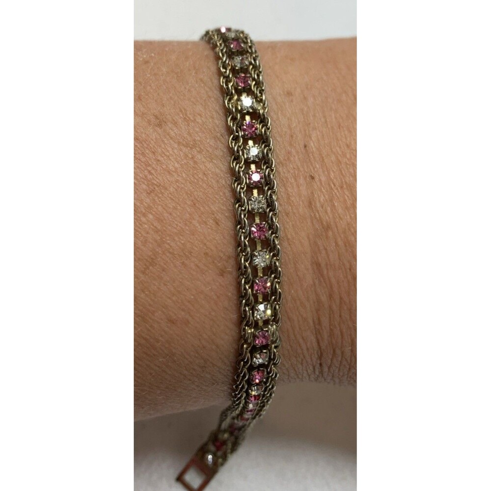 Vintage Tennis Bracelet Pink & White Glass 3 Chain Silver Tone 6.75”
